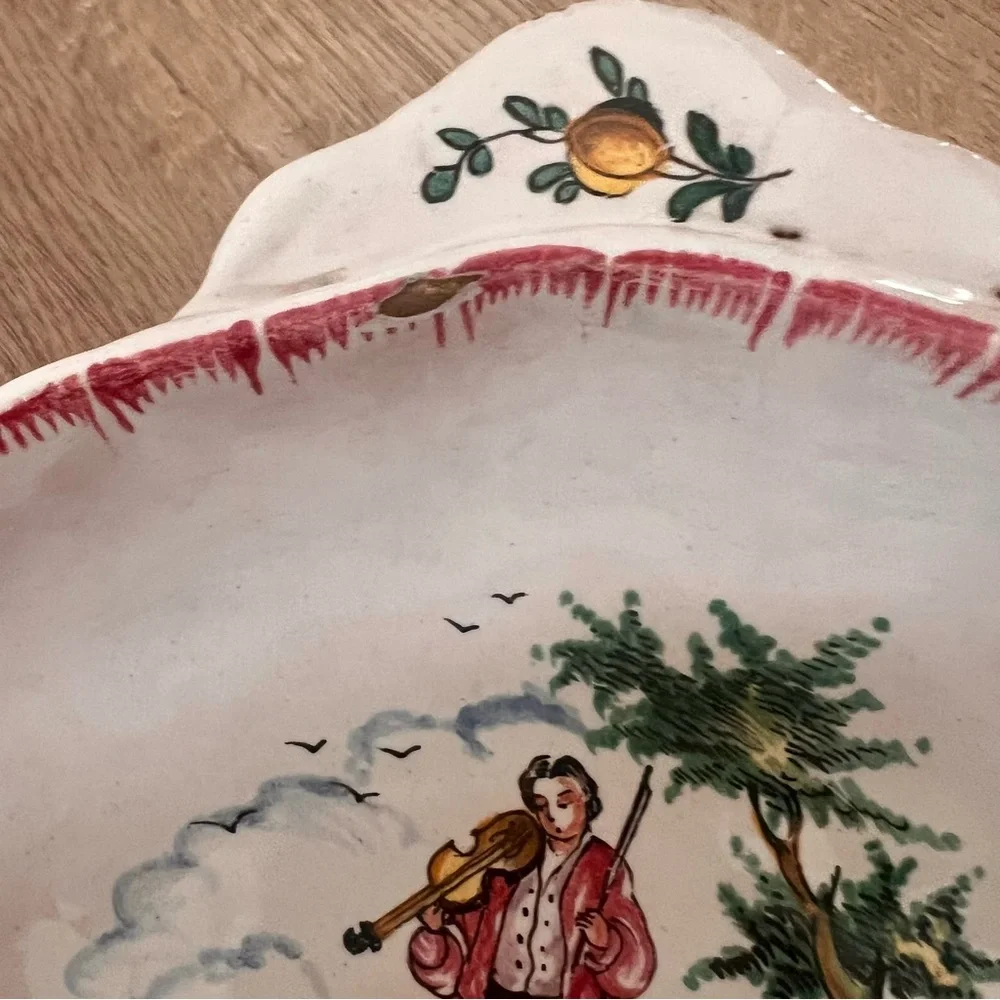 Antique Veuve Perrin VP France Handled Serving Bowl, Man Play‎ Violin 8.5”x7”